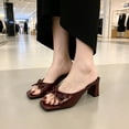 thumbnail image 7 of CHICVOMEY Womens Bow Knot Block Heel Mule Sandals Square Toe Open Toe Patent Leather Slide Heels Slip on Chunky Heel Slippers for Summer Party Wedding Daily Wear, 7 of 7