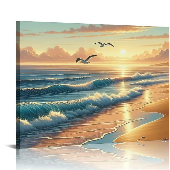 EastSmooth Beach Wall Art Decor for Living Room Ocean Canvas Picture for Wall Gold Sunset for Bedroom Blue Seascape Theme Art Print for Bathroom Home Office Decoration Ready to Hang