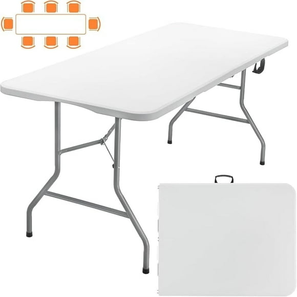 350 lb Folding Table 6 feet, Picnic Table Portable with Handles, Thickened Coated Steel Frame, Thicker Table top for Parties and Events, Off White, 72.36 x 30.04 x 29.33 inches