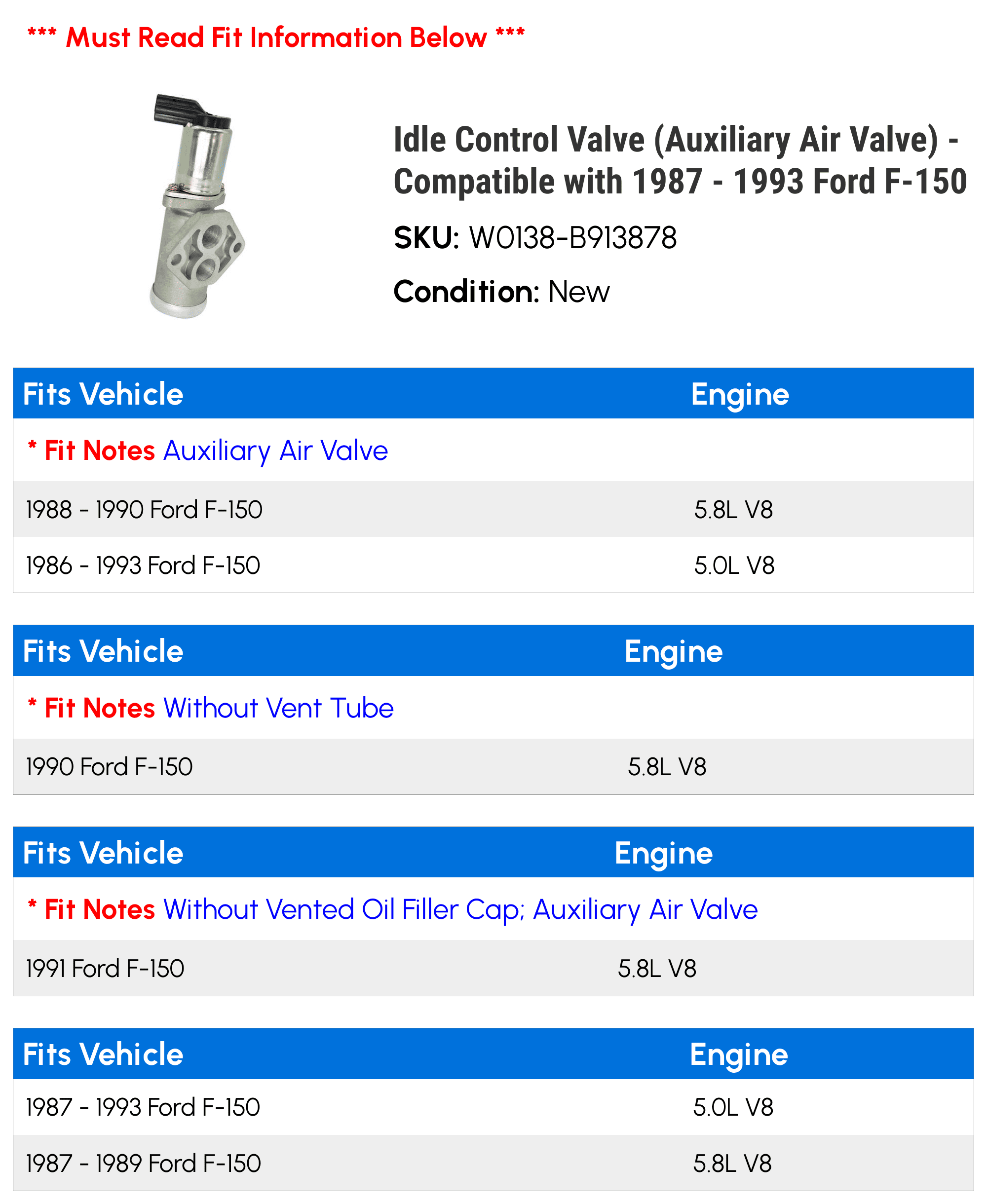 Idle Control Valve (Auxiliary Air Valve) - Compatible with 1987 - 1993 Ford F-150 1986 1988 1989 1990 1991 1992