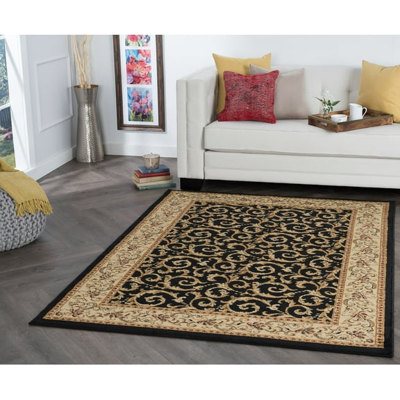 Elegance Transitional 5' x 7' Black and Beige Polypropylene Indoor Area Rug