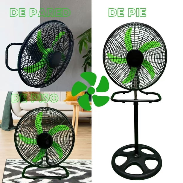 Ventilador de pedestal, piso y pared 3 en 1, ventilador de pedestal de plástico de 18 pulgadas con 5 aspas, 3 velocidades y base redonda ajustable en altura en color negro