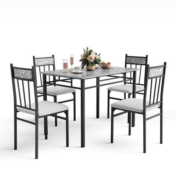 Furnibear Dining Table Set for 4 Faux Marble 5 Piece Kitchen Dining Set with Steel Frame Table and 4 Chairs for Dining Room, Coffee
