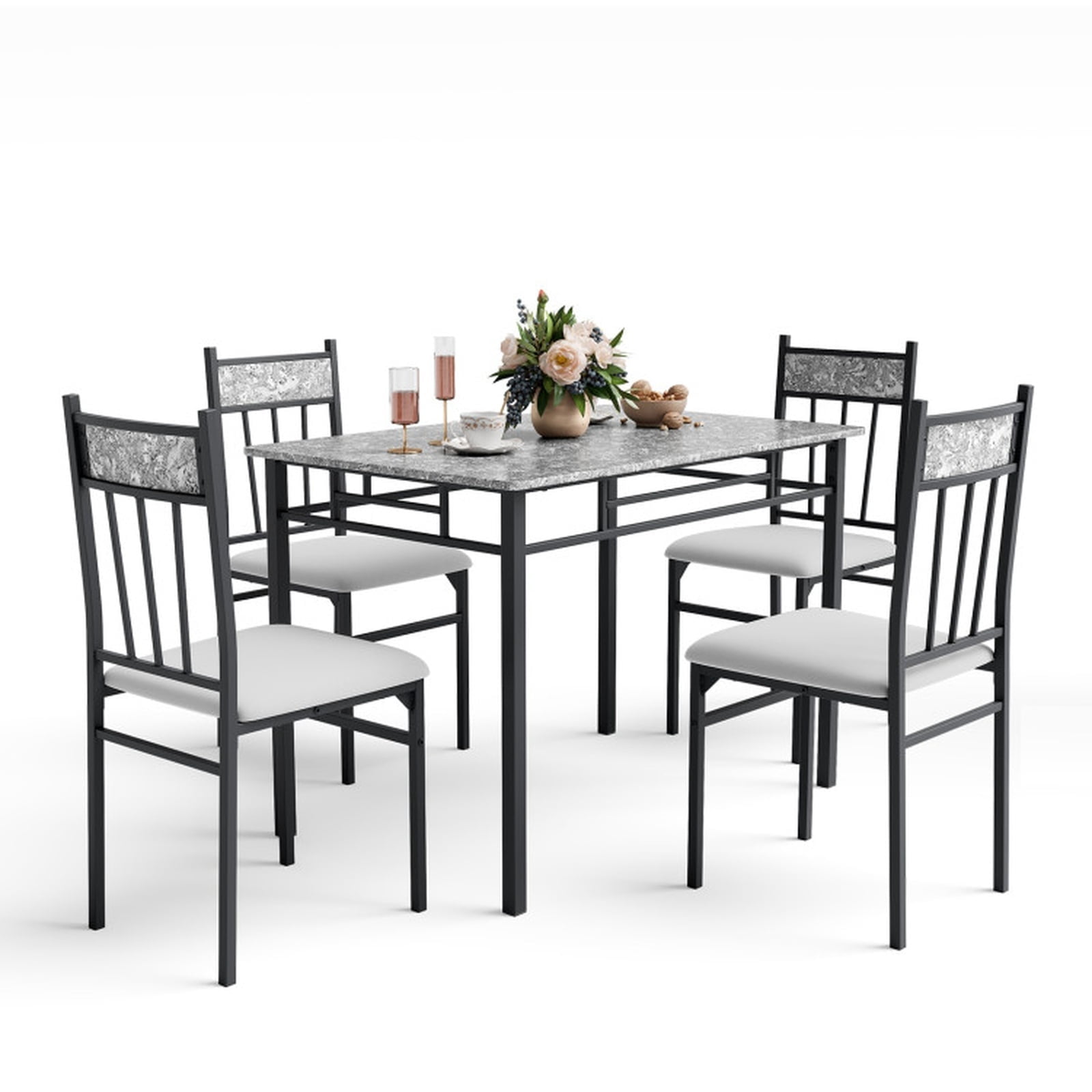 Furnibear Dining Table Set for 4 Faux Marble 5 Piece Kitchen Dining Set with Steel Frame Table and 4 Chairs for Dining Room Coffee