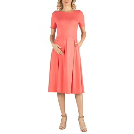 

24seven Comfort Apparel Maternity Midi Dress with Short Sleeve and Pocket Detail M0116180 Made in USA