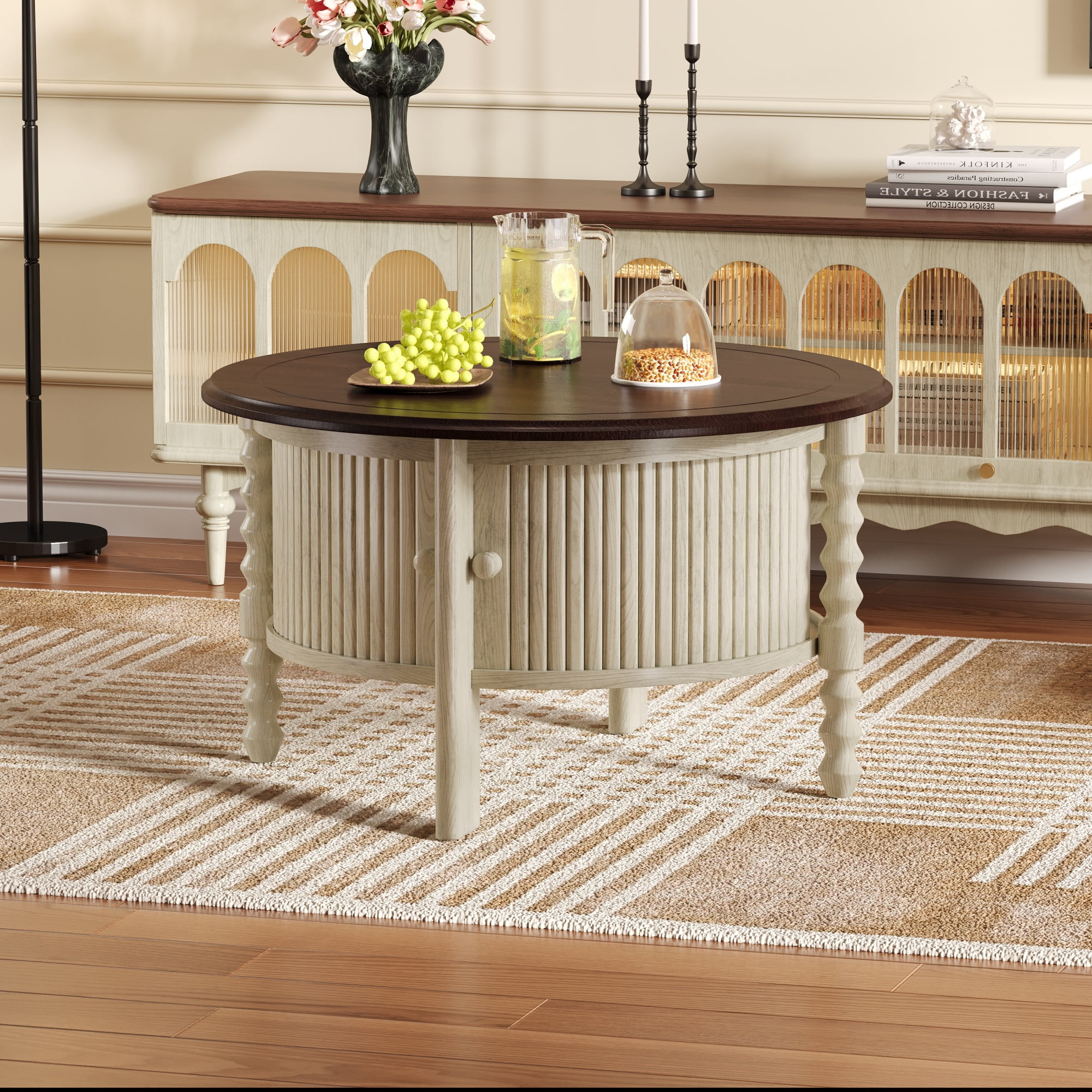 Euroco 30" Mid-Century Modern Round Coffee Table with Sliding Door Hidden Storage, Slatted Design, Space-Saving Living Room Accent Table