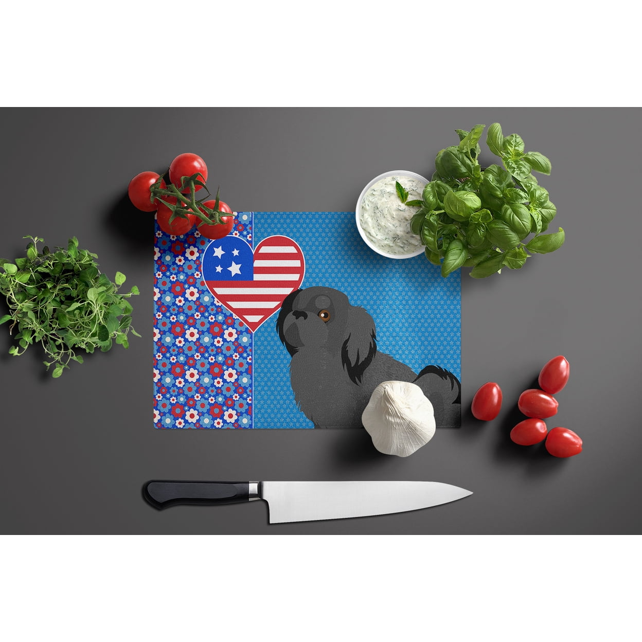 Black Pekingese Glass Cutting Board Large 12 in x 15 in