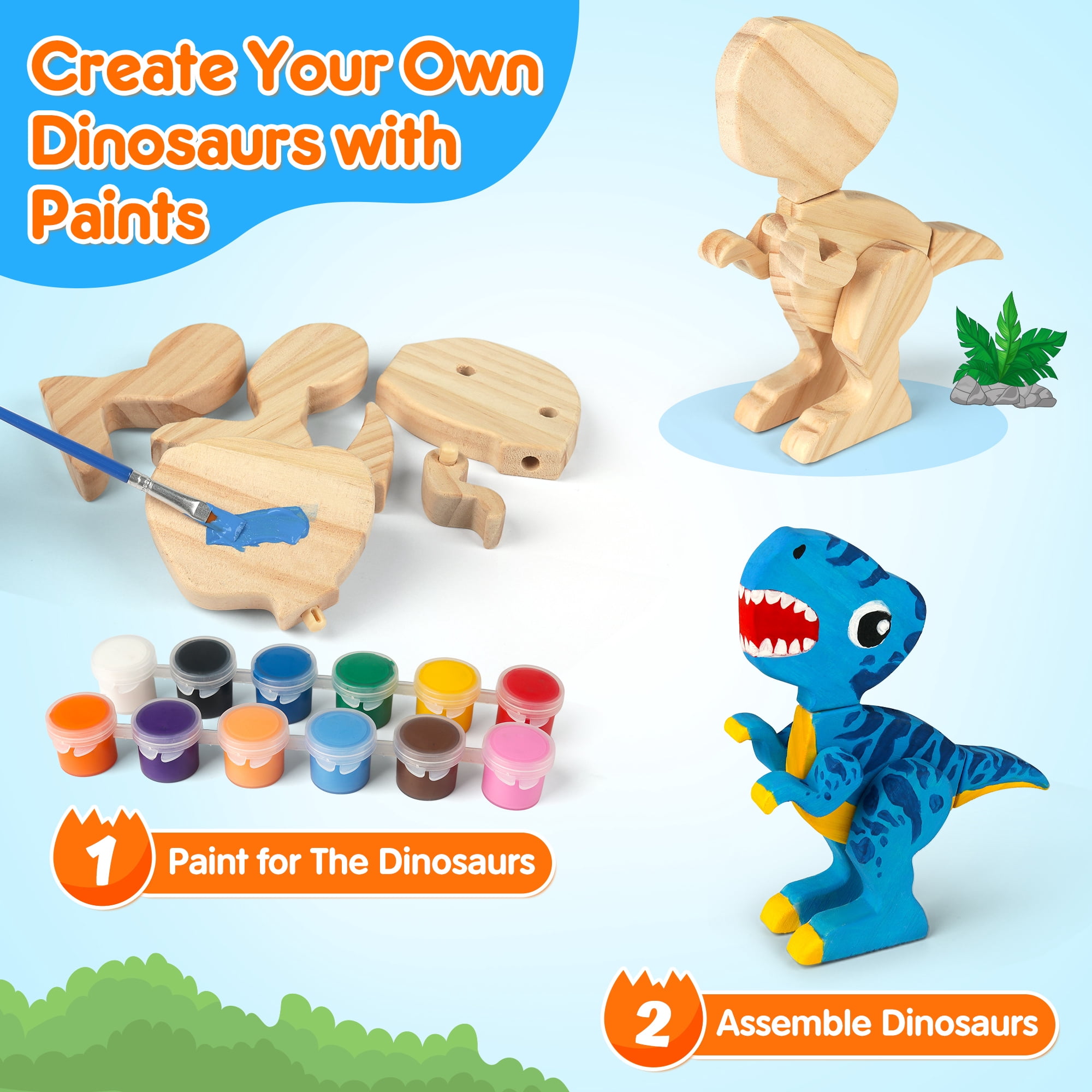 Wooden Dinosaur Painting Art Easter Craft Kit for Kids 3-5, Wood Take Apart Dinosaur Snap Together Building Toy, Build Your Own Dinosaur with Paint and Stickers STEM Game Creative Gift for Boys Girls