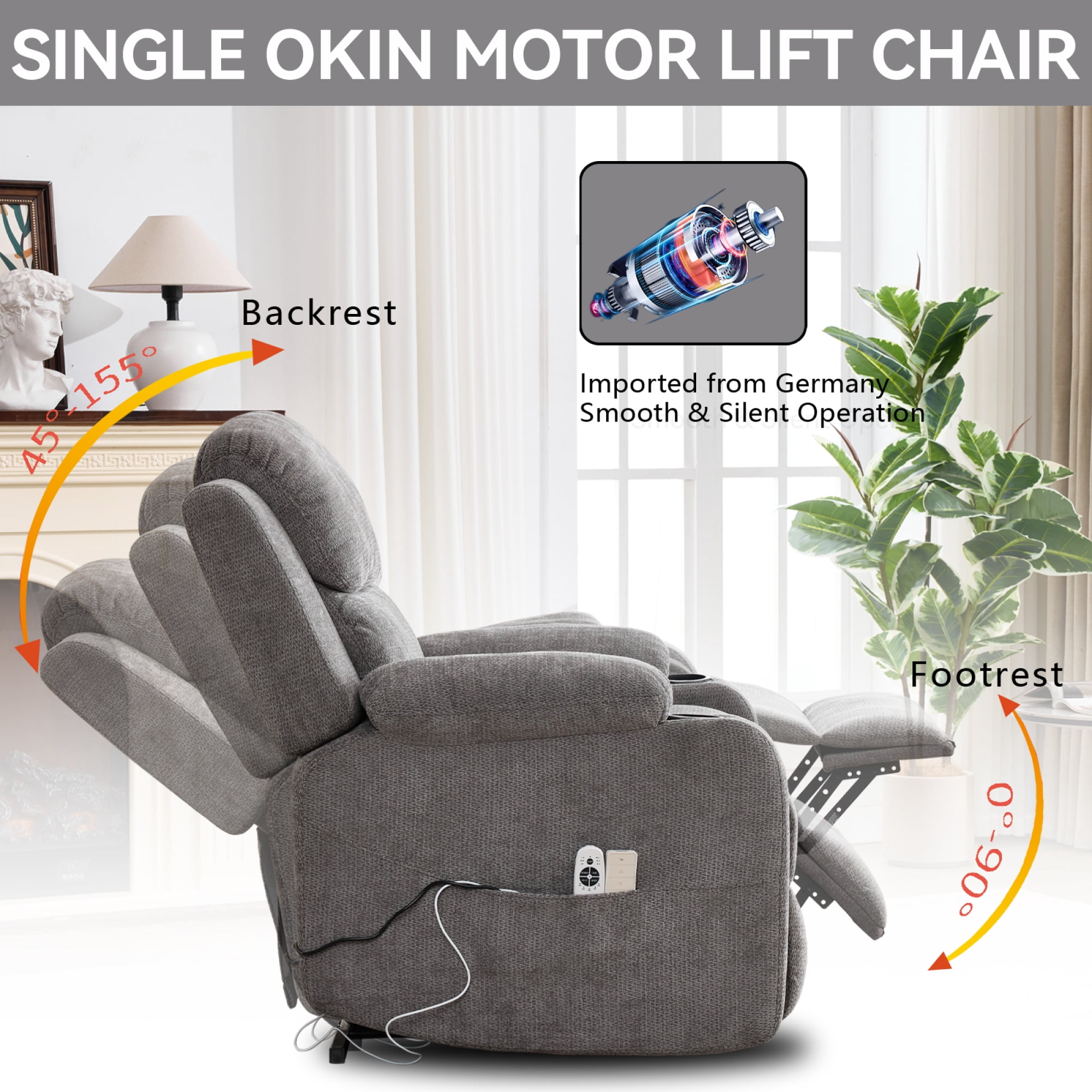 Leumius Power Lift Recliner Chair for Elderly,Heavy Duty Infinite Position Recliners Chair with 8-Point Vibration Massage and Lumbar Heating,Cup Holders,Gray