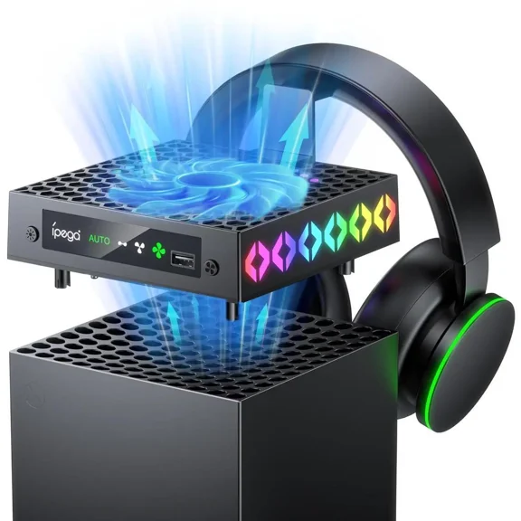 Cooling Fan for Xbox Series X, Auto Mode Cooling System for Xbox Series X Accessories with 9 Colorful RGB Lights, Cooler for Xbox Series X Console with Headset Holder, USB Port, Low Noise