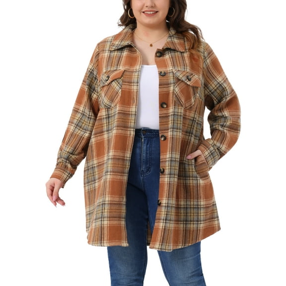 Women's Plus Size Plaid Shacket Jacket Long Sleeve Button Down Flannel Shirts Fashion Jacket 1X Orange