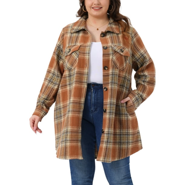 Chaqueta de cuadros de talla grande para mujer, camisa de franela de manga larga con botones, chaqueta de moda 1X naranja