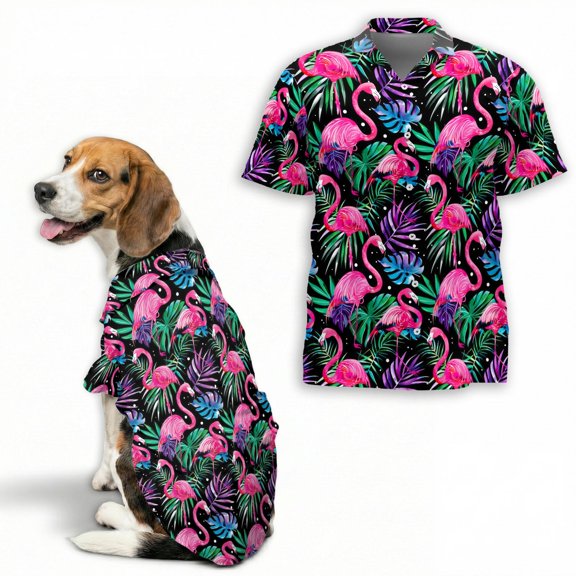 Flamingo Hawaiian Shirt for Men and Dogs, Holiday Tropical Leaf Design, Matching Outfit for Pets and Owners