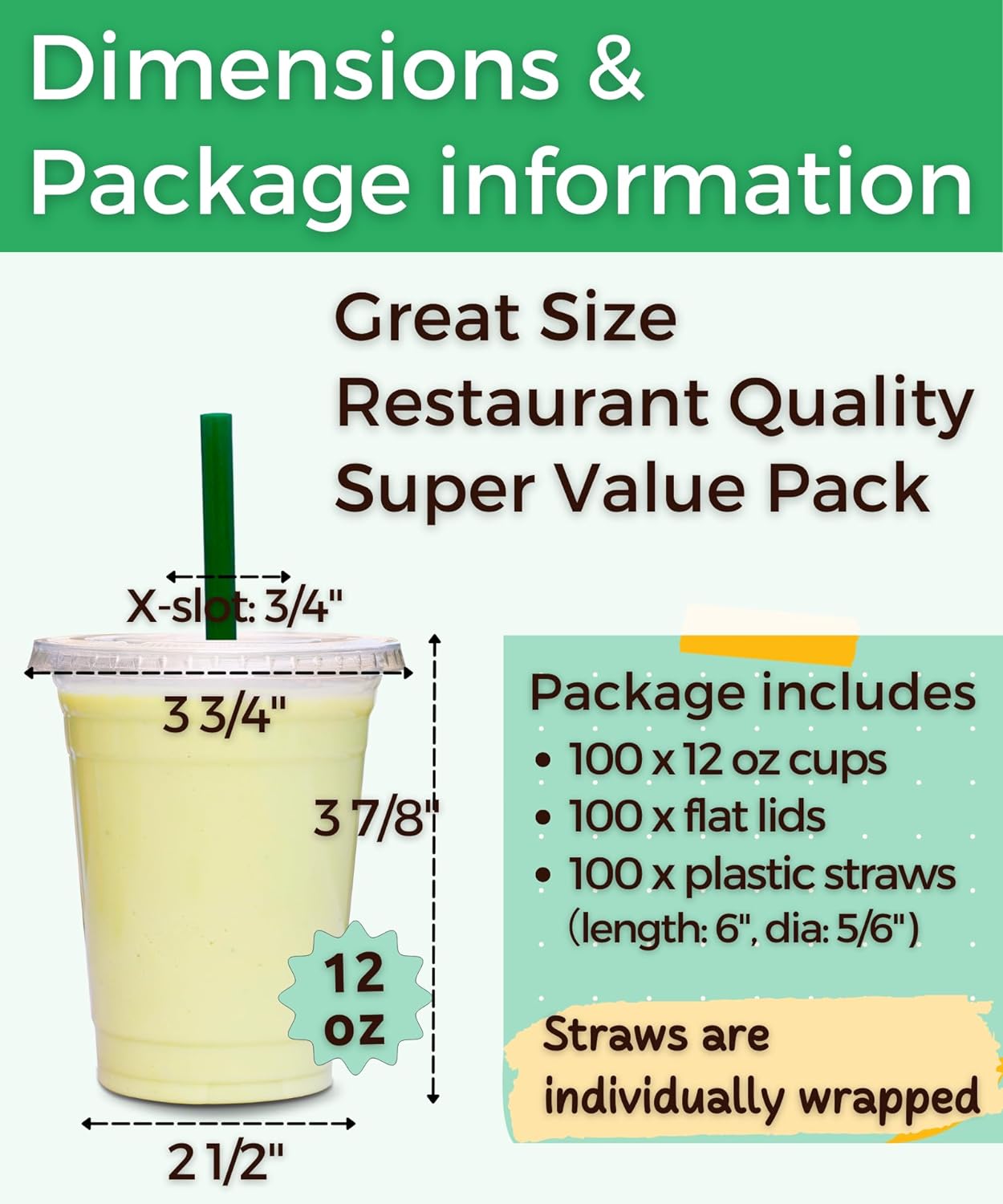 JJEAN-[100 Sets] 12 oz Clear Plastic Cups with Lids and STRAWS, Disposable Party Cups for To Go Iced Coffee Cold Drinks, Smoothie, Juice, Parfait, Frappuccino, Milkshake. No Leaking Fruit Cup