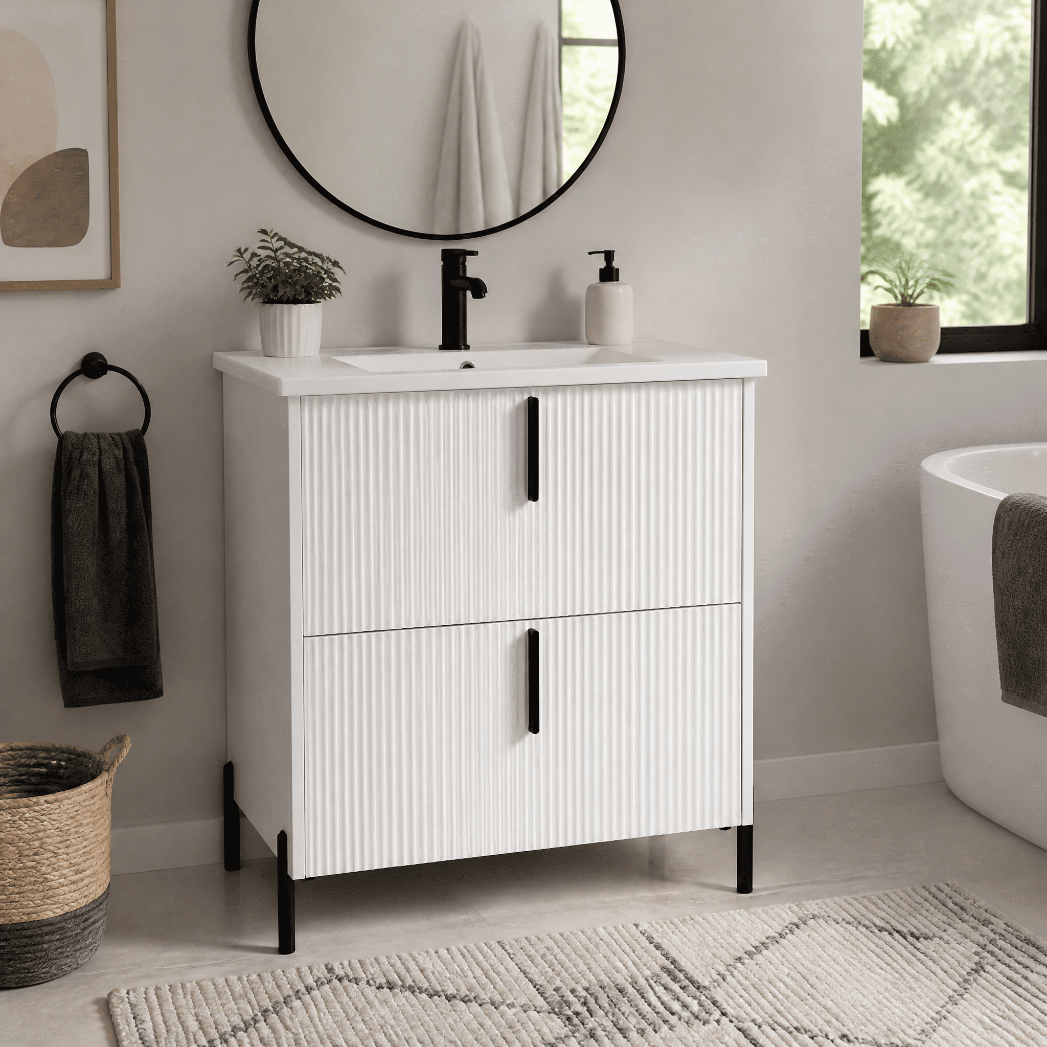 30" Bathroom Vanity with Ceramic Sink and Full-Extension Drawers, Soft Close Undermount Drawer Slides, Fluted Design, White