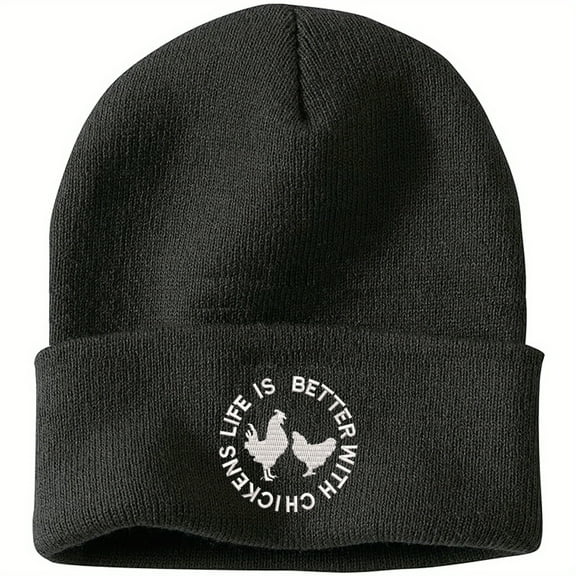 Life Is Better White Chickens Embroidered Knitted Hat Unisex