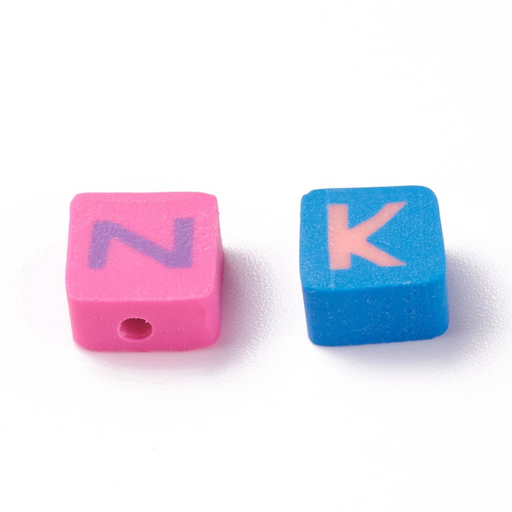 Handmade Polymer Clay Beads Horizontal Hole Square with Letter Mixed Color 8.5~10.5x8.5~10.5x4.3~5.3mm Hole: 2.5mm diy
