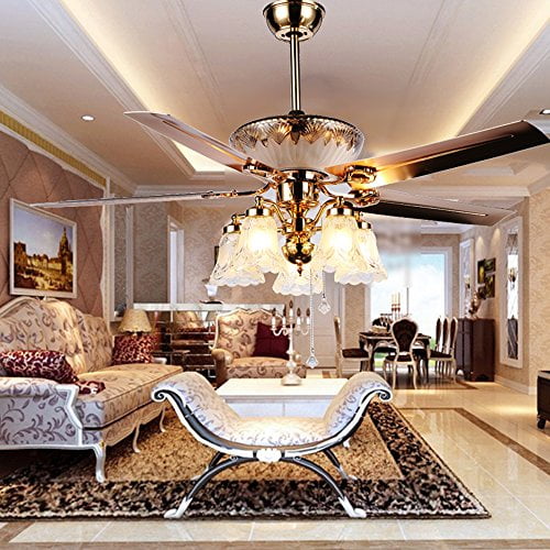 Rainierlight Modern Crystal Ceiling Fan Remote Control 5 Reversible Gold Metal Blades Frosted Glass Lampshade For Indoor Bedroom Living Room Led Chandelier 52 Inch Com Rainierlight Modern Crystal Ceiling Fan, Ceiling Fan Or Chandelier In Living Room