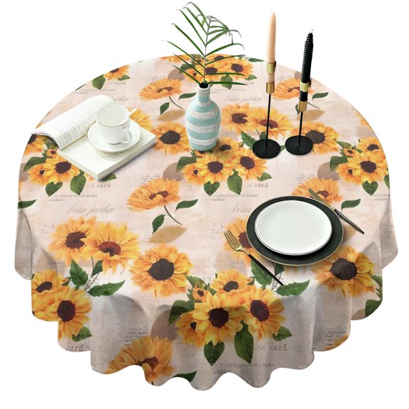 Beige Sunflower Letter Pattern Round Tablecloth 60"x60",Wrinkle Wipeable Table Cloth for Kitchen Dining Room Picnic Patio Party