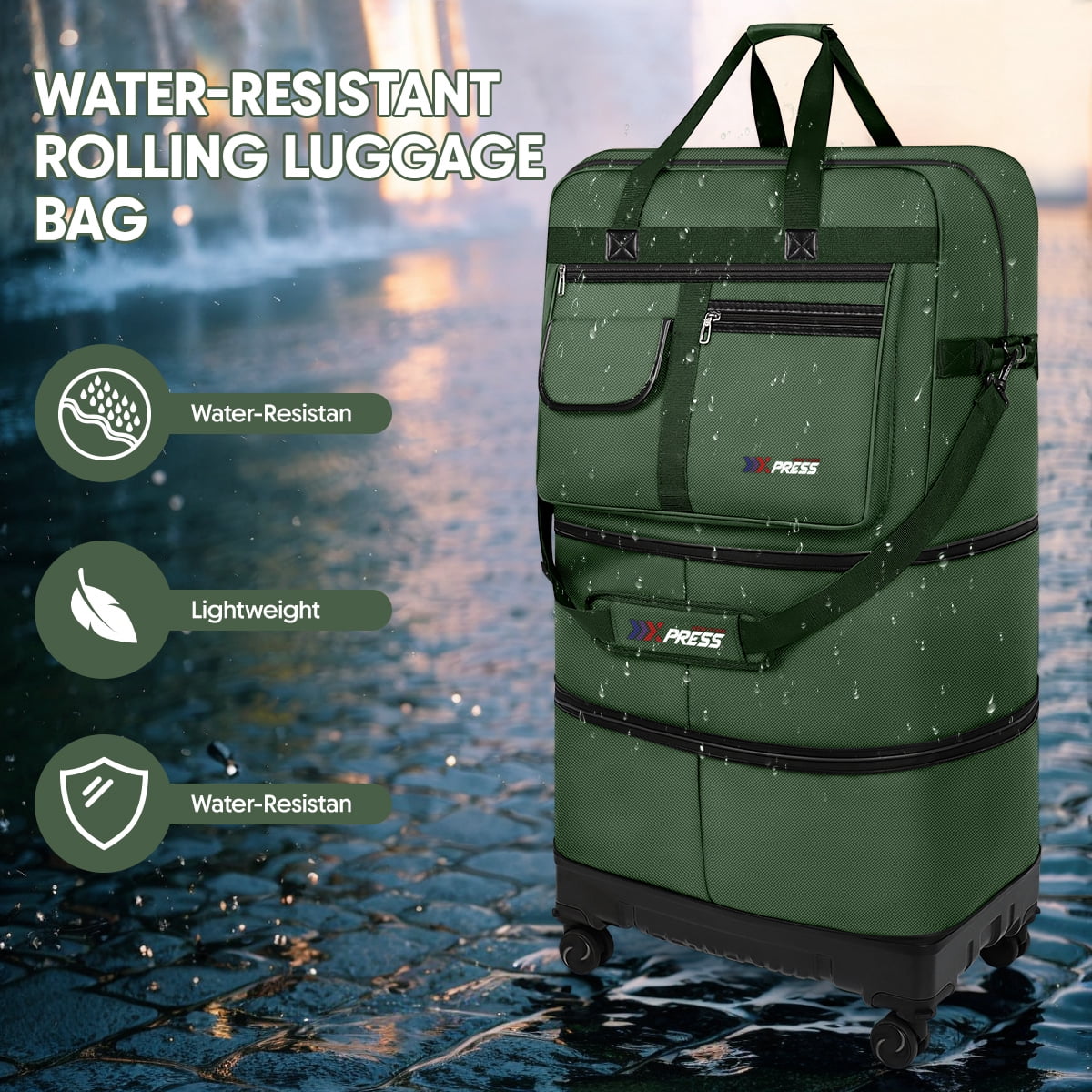 36″ Expandable Foldable Suitcase Bag Large Collapsible Rolling Luggage Bag for Storage, Moving & Abroad Travel, Green, JM