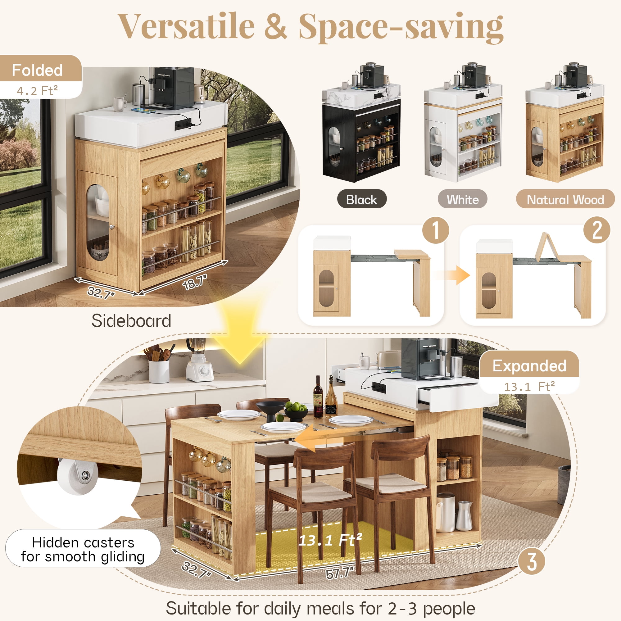 MODERNLUXE Extendable Dining Table with Folding Tabletop, Kitchen Island with Wheels,Hooks,Drawers and Power Outlet, Bar Table with Storage for Kitchen, Dining Room,Natural