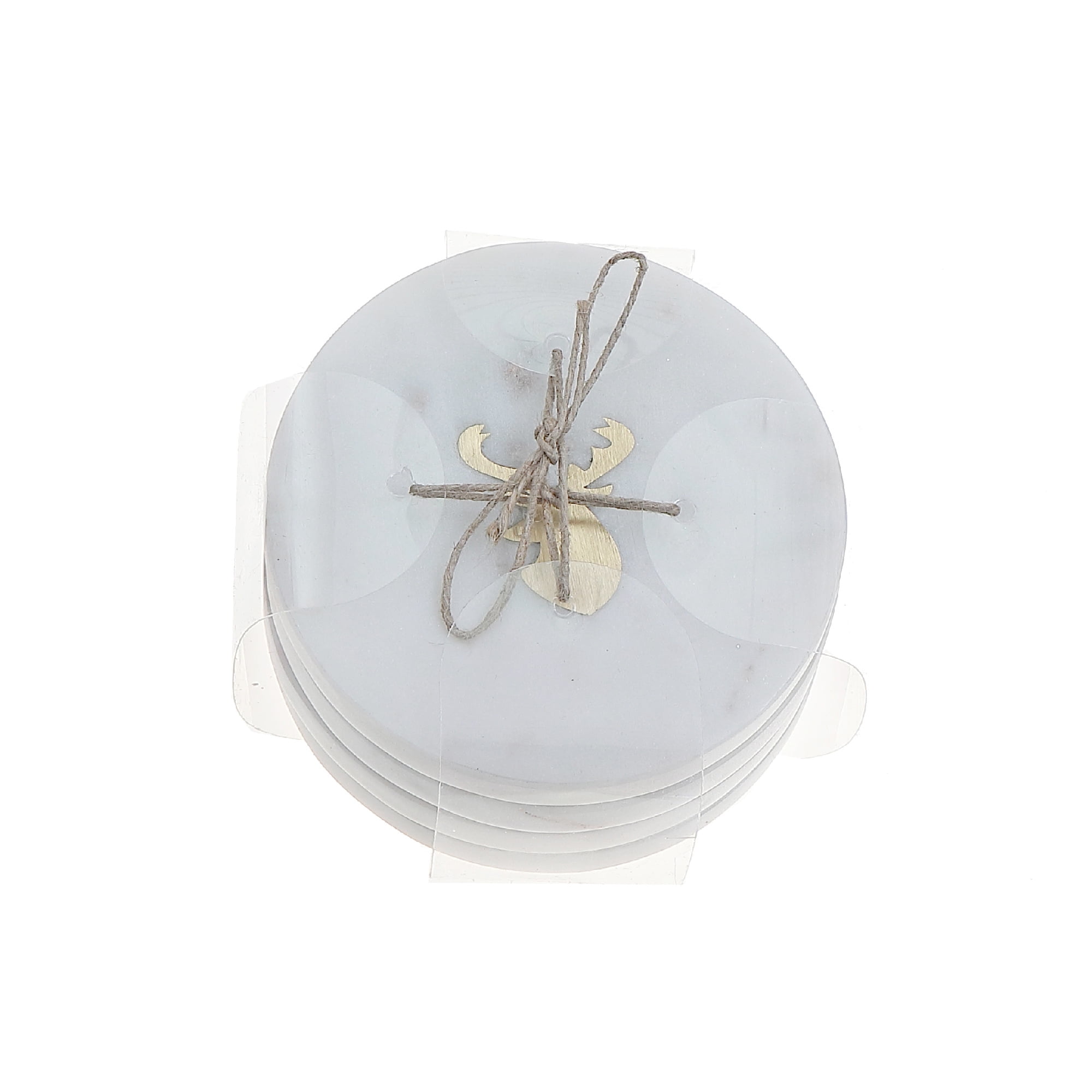 Lot De 4 Sous-Verres Ronds En Marbre Blanc Avec Incrustations En Laiton En Forme De Tête De Cerf (10 X 10 Cm)