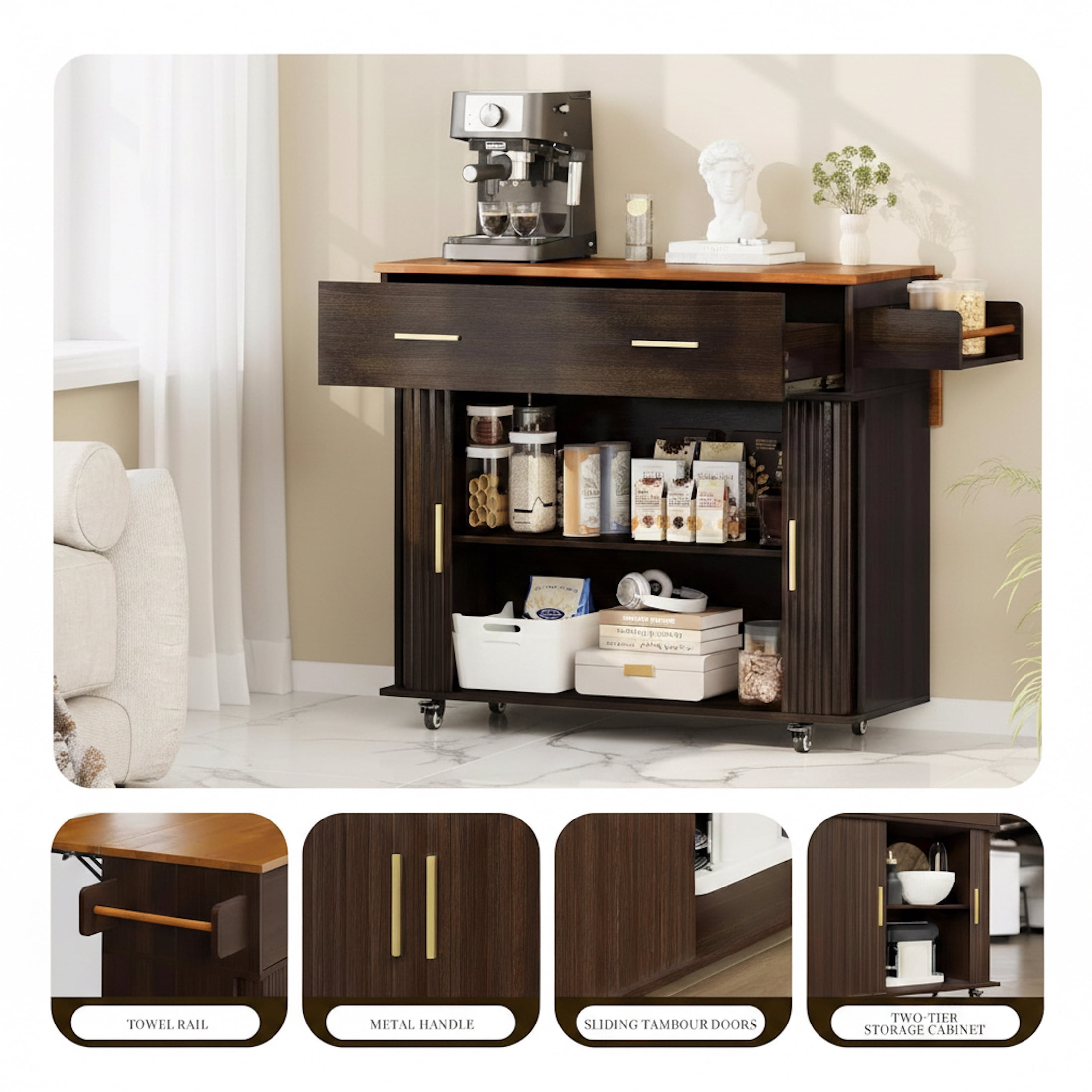 AISWORD Rolling Kitchen Island with Drop Leaf, Sliding Door, Drawers & Spice Rack, Brown
