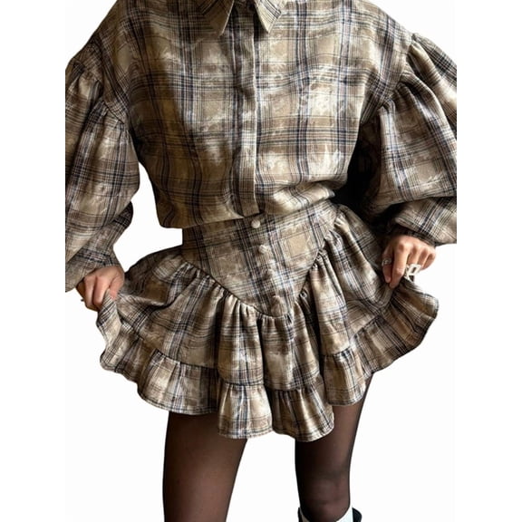 Women'S Elegant Two Piece Set Plaid Design with Ruffle Short Skirt High-End Office Outfit Color L