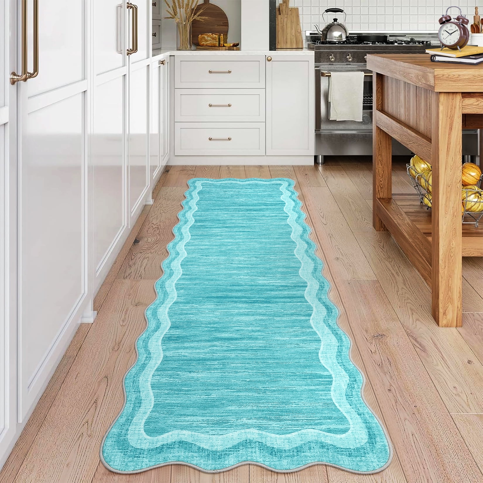 Hasoo Indoor Scalloped Area Rug for Hallway 2' x 6' Washable Modern Runner Mat with Non-Slip Backing, Teal
