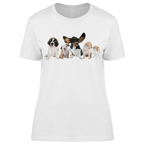 Five Puppies In Front Of White T-Shirt Women -Image by Shutterstock, Female Small