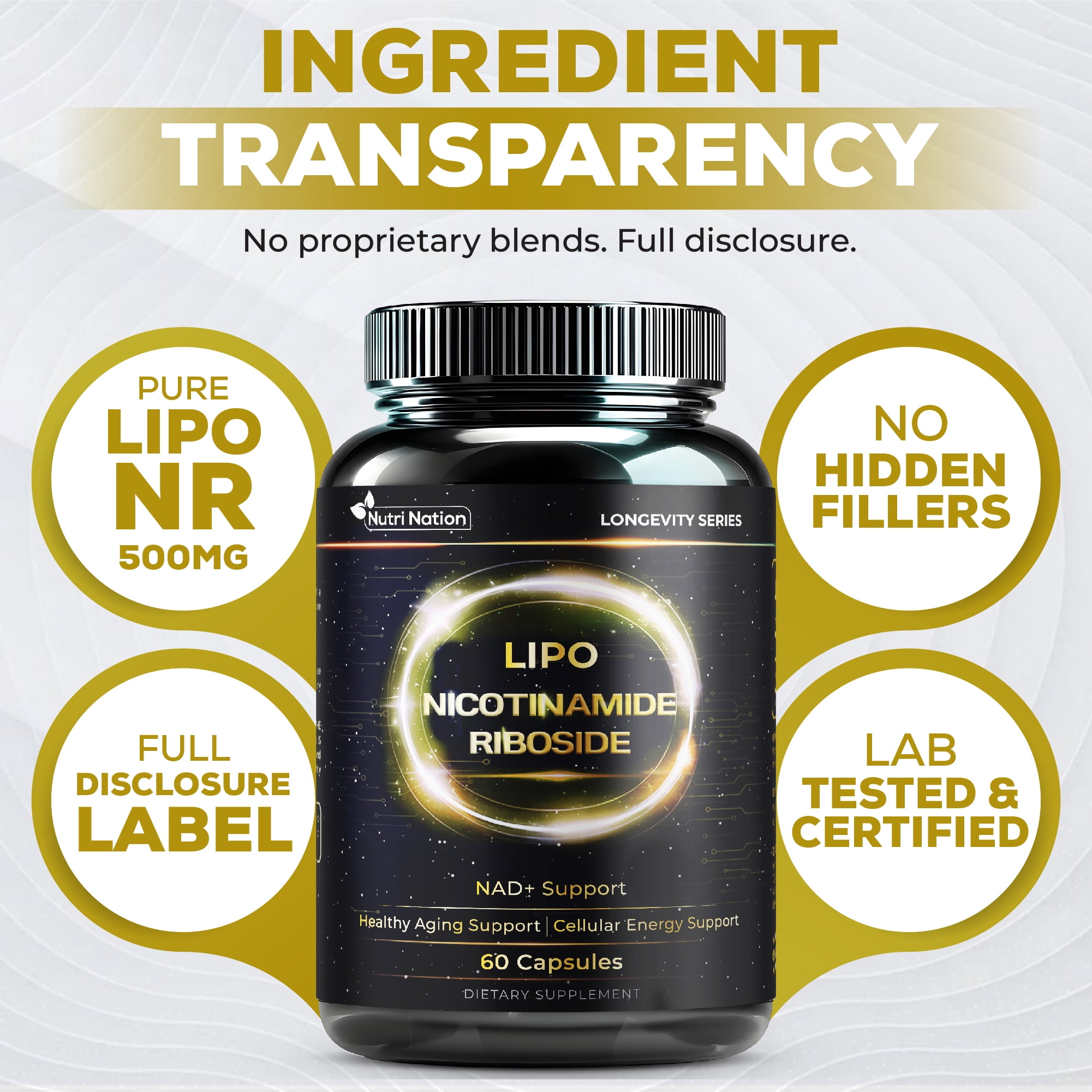 Nutri Nation Liposomal NAD Supplement Nicotinamide Riboside 500mg 120 ct, Energy and General Wellness 2 Bottle Bundle