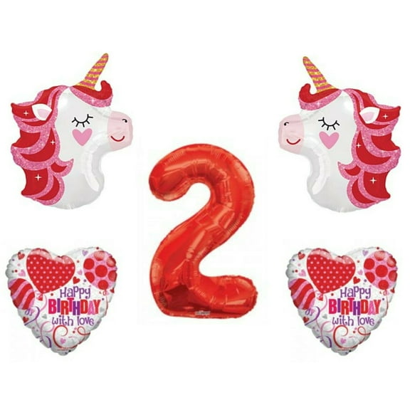 Unicorn Pink & Red 2nd Happy Birthday party balloons Decoration Supplies 5 pieces
