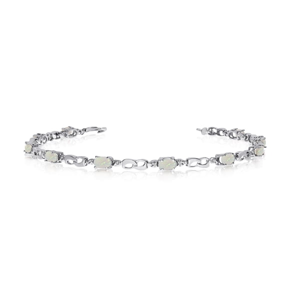 14K White Gold Oval Opal and Diamond Link Bracelet
