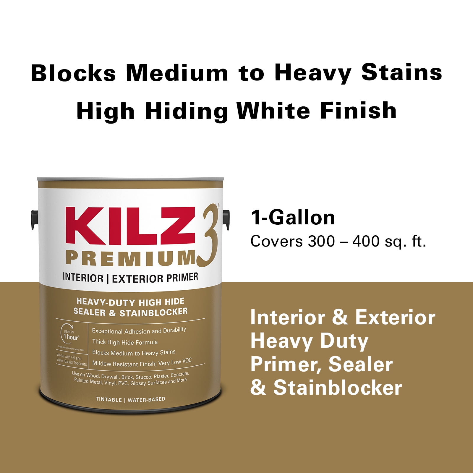 KILZ 3 Premium Multi-purpose Interior/Exterior Wall and Ceiling Primer - Water-Based 1 Gallon