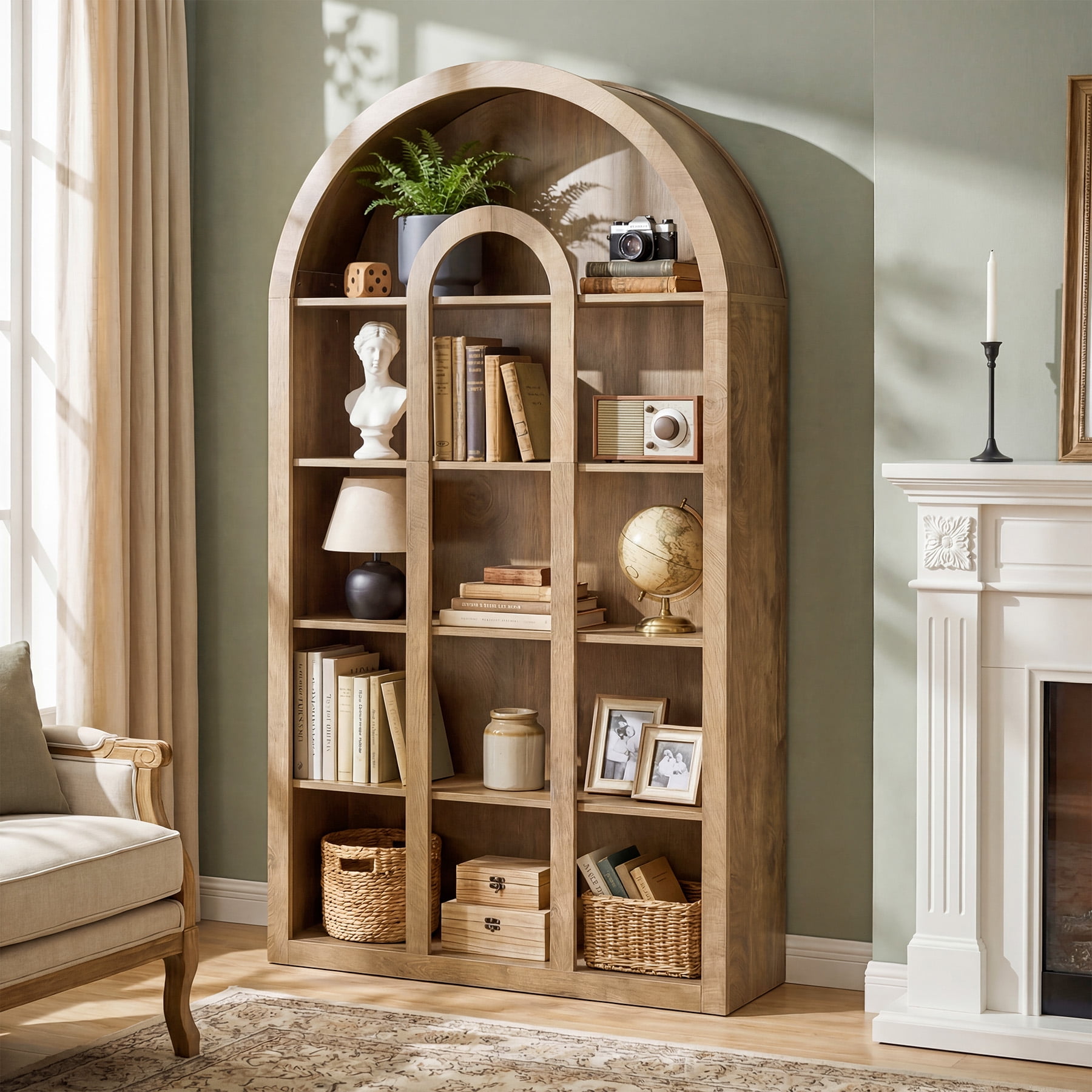 Finmind 71" Tall 5-Tier Arched Bookcase, Vintage Open Display Bookshelf with Rustic Wood Finish for Living Room, Office, Bedroom, Brown