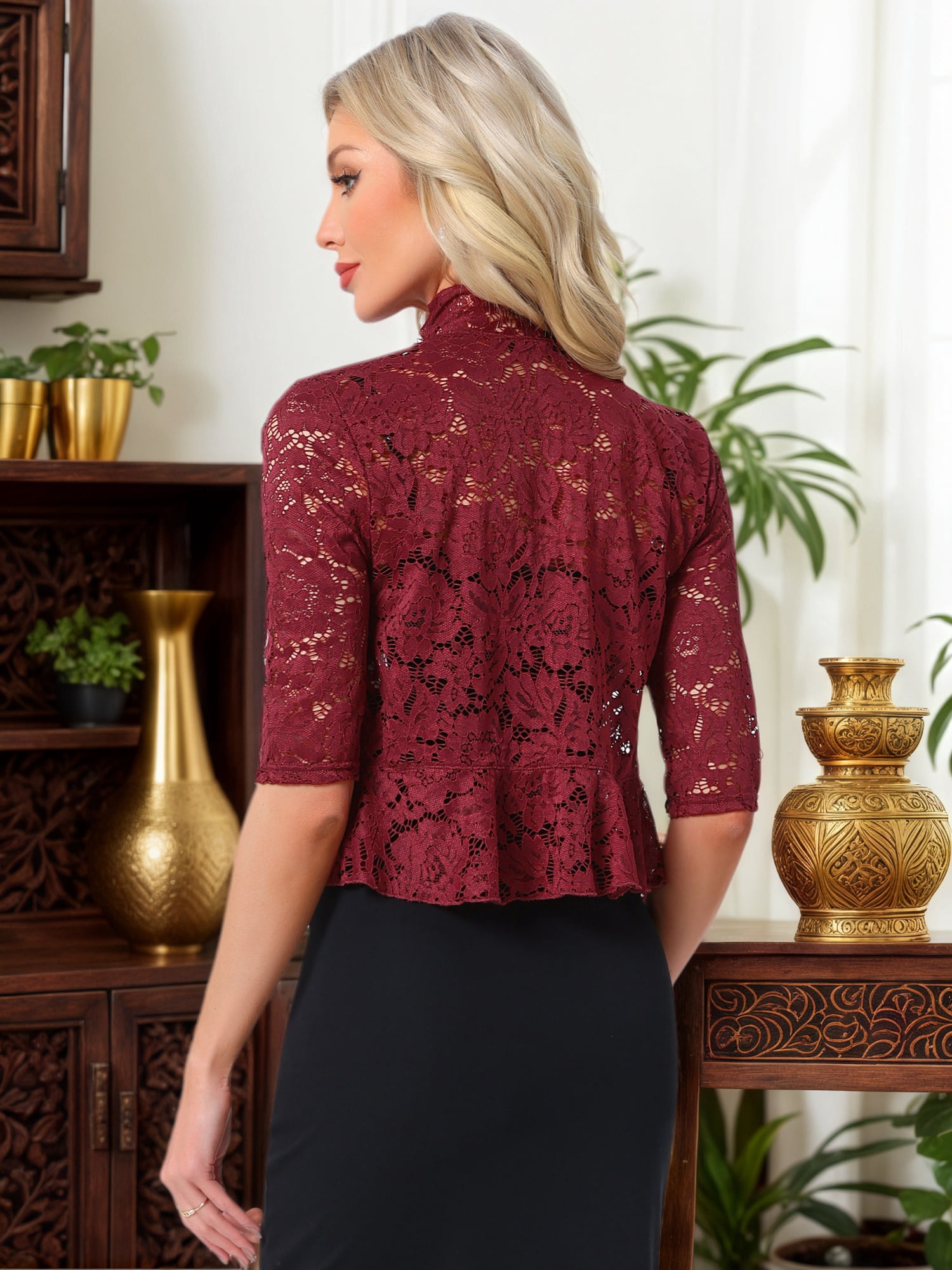 DARING DIVA Women's Lace Shrug Ruffle Cardigan Open Front Half Sleeve Bolero S Burgundy