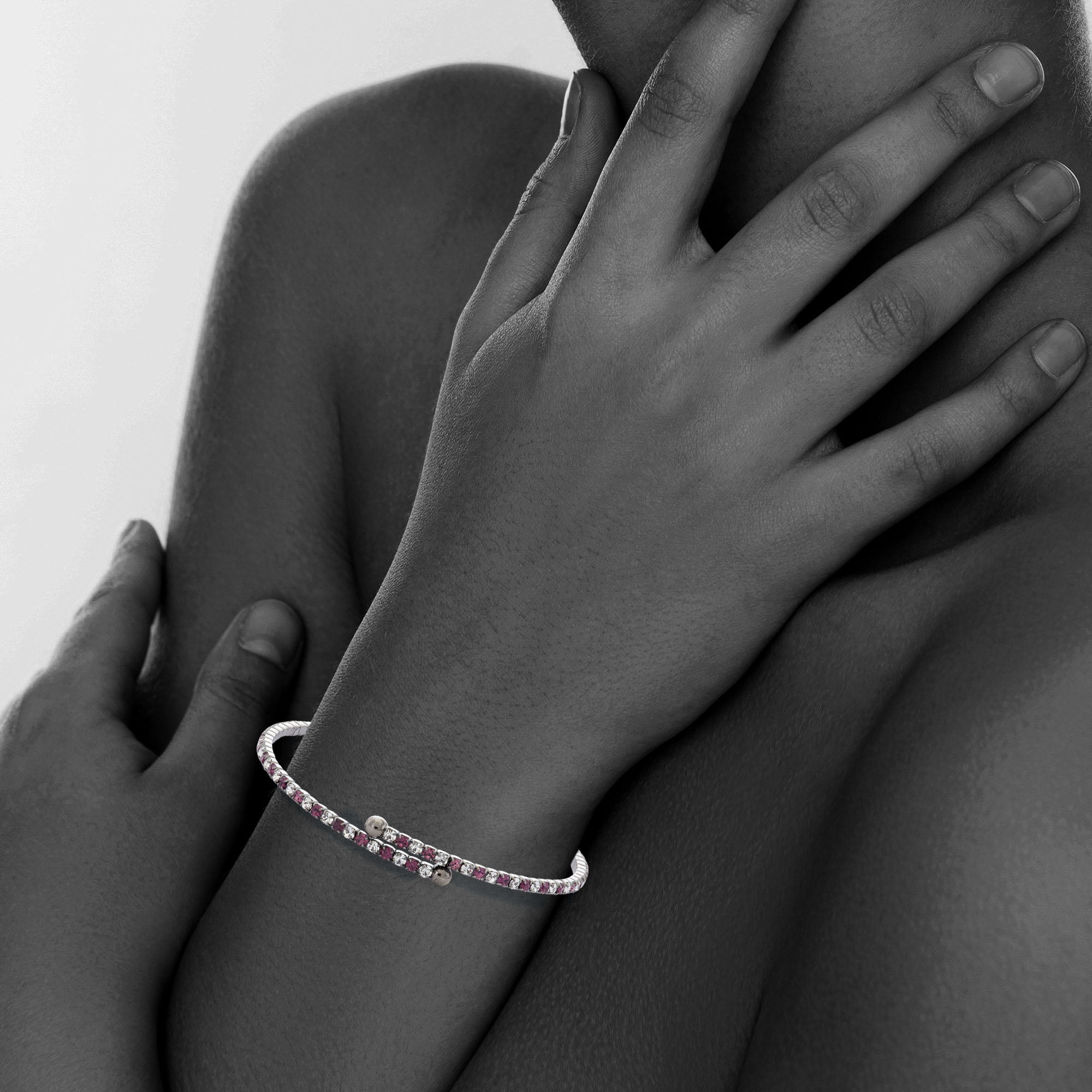 X & O Black Rhodium Plated Crystal Single Row Flex Bangle in Amethyst and White Crystal Combination