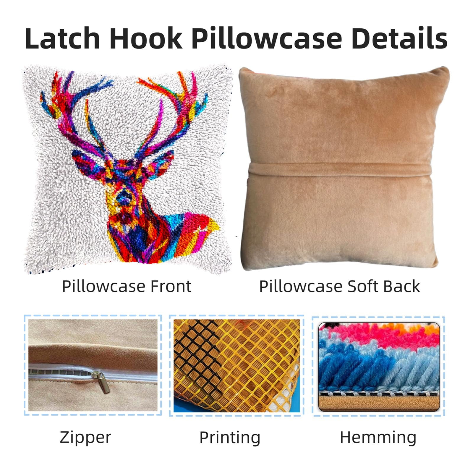 Colorful Abstract Elk Deer DIY Latch Hook Pillow Kits for Adults Printed Pillowcase Crochet Yarns Hooking Handmade Pillow Cover Cushion for Home Sofa Decoration 17x17inch(2)