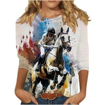 Horse Racing Printed Tunic Tops for Women Round Neck Tee 3/4 Sleeve Tops Loose Fitted Tunic Blouses Plus Size Baggy Boho Dressy Shirts Dressy CaUSAl Tunic Blouse Workout Going Out Outfits