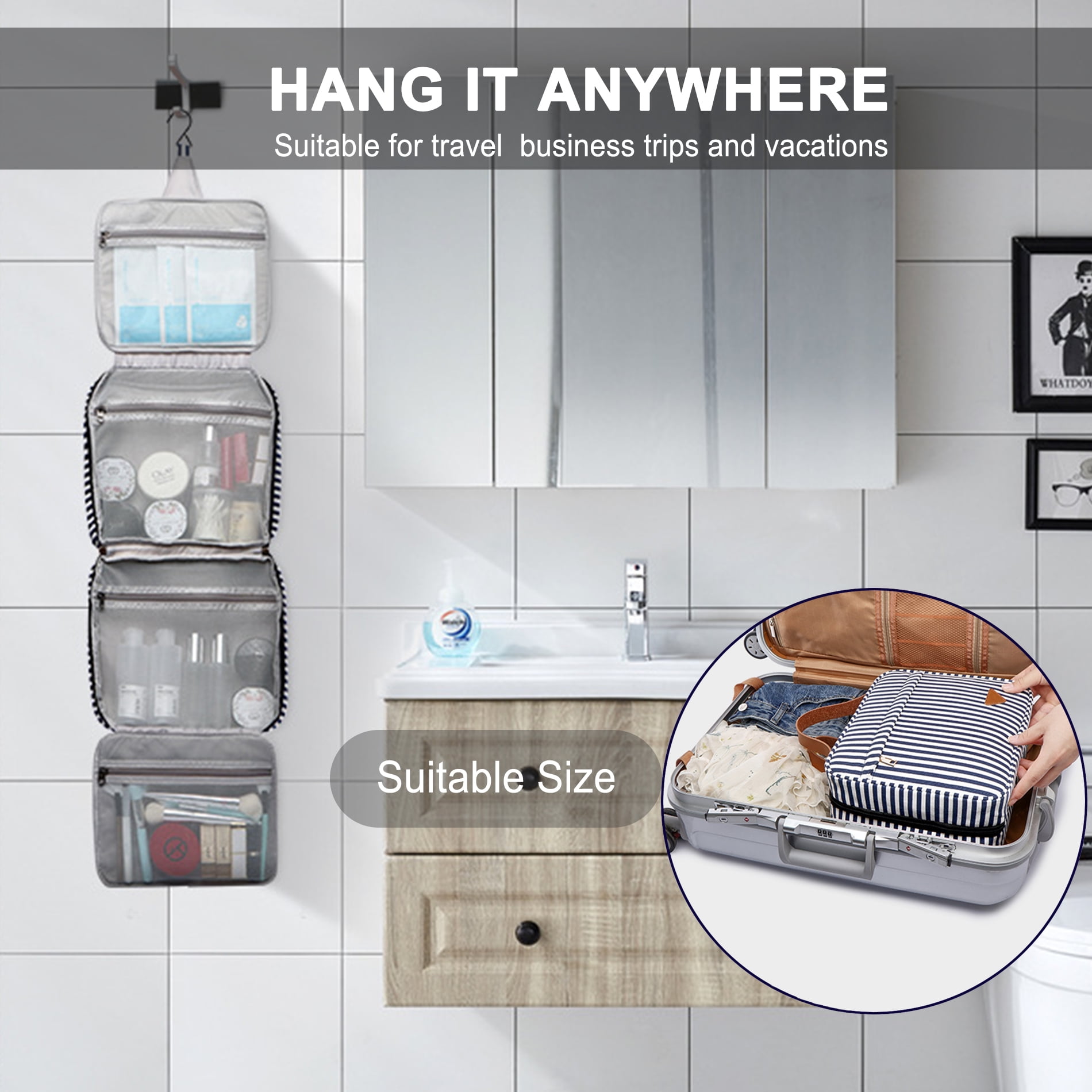 Hanging Travel Toiletry Bag,Large Capacity Cosmetic Travel Toiletry Organizer for Women with 4 Compartments & 1 Sturdy Hook,Perfect for Travel/ Daily Use