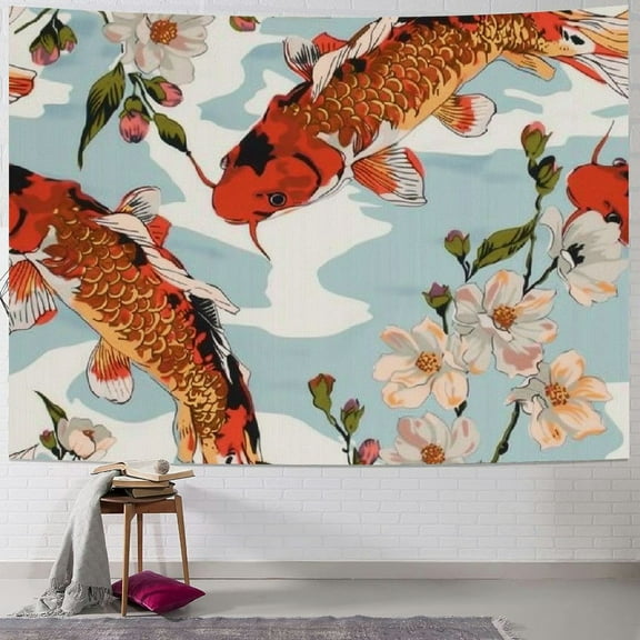 Shiartex  Tapestry Wall Hanging Koi Fish Tropical Pink Flowers Tapestry Tapestry Bright Wall Art Wall Blanket Wall Decor for Bedroom Living Room Dorm Decor 40x30inch