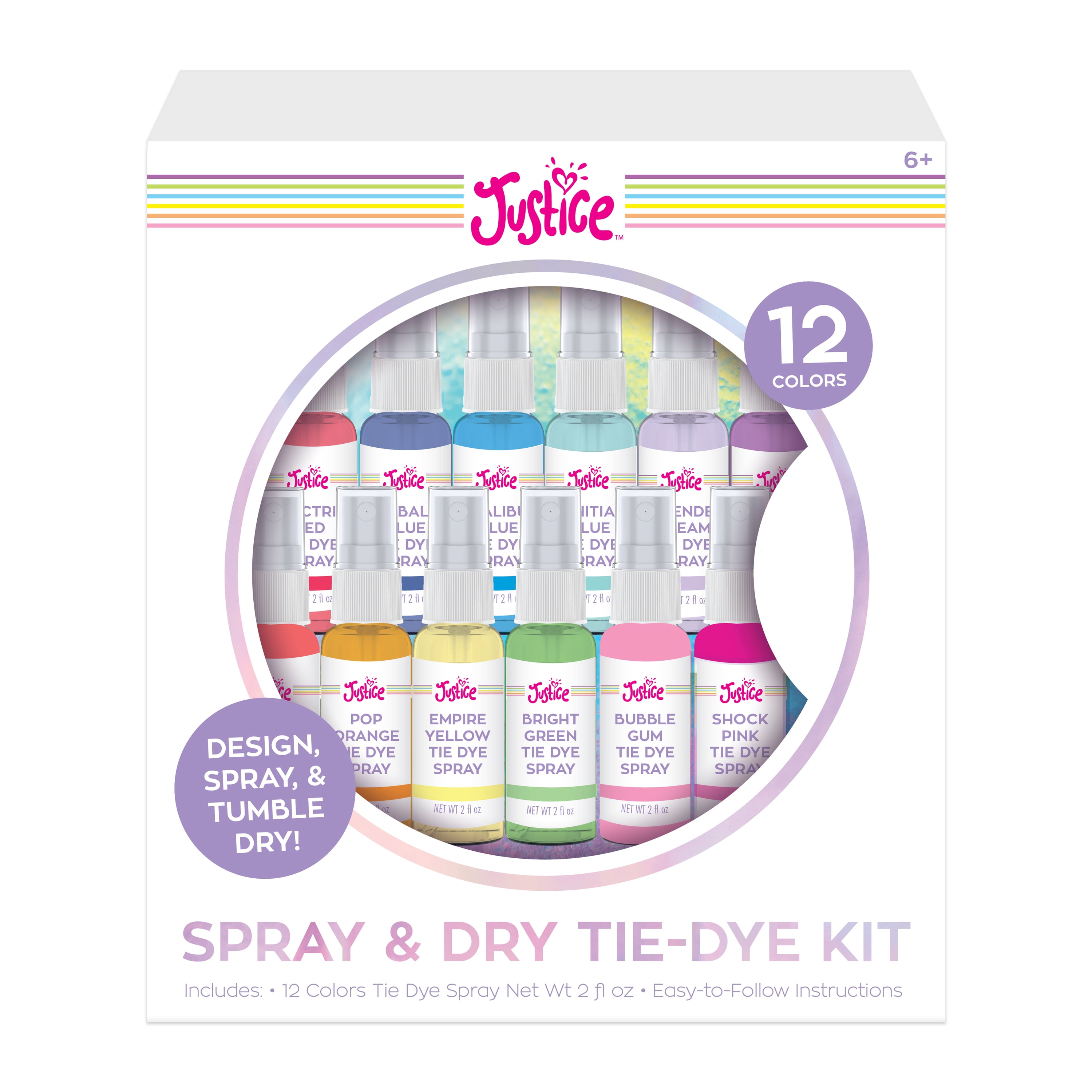 Justice Spray & Dry Tie-Dye Kit, Includes 12 Colors of Dye
