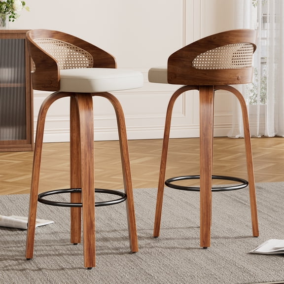 Farini Swivel Bar Stools Set of 2, Upholstered PU Leather Stools with Rattan Back & Footrest, 30" Counter Height for Kitchen Island, Bar, or Dining Room, Beige