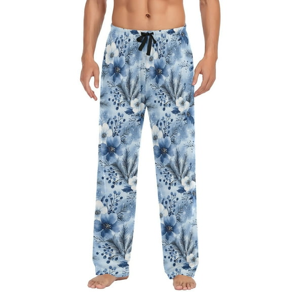 Blue and White Flowers Men's Pajama Pants with Pocket Lounge Pants Pajama Sleep Pant Pj Comfortable