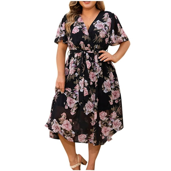 Nmnitkp Dresses for Women Fashion Style Summer Dress Plus Size Womens V Neck Floral Cocktail Party Midi Dresses with Pocket