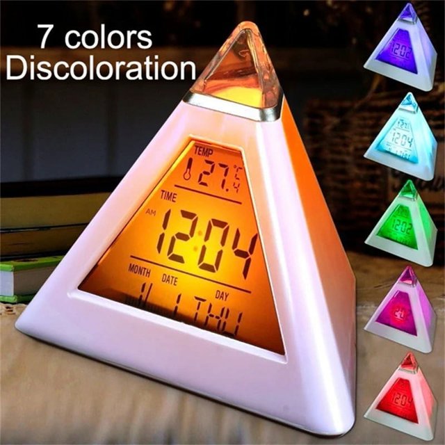 Reloj de mesa con alarma LCD piramidal, termómetro, reloj de mesa Digital, 7 colores, luz de fondo, reloj Led cambiable, luz nocturna para el hogar