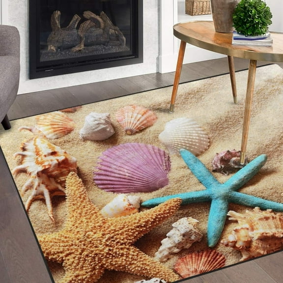 FREEAM Summer Ocean Area Rug 2'x3', Starfish Seashells on Sandy Beach Polyester Area Rug Mat for Living Dining Dorm Room Bedroom Home Decorative