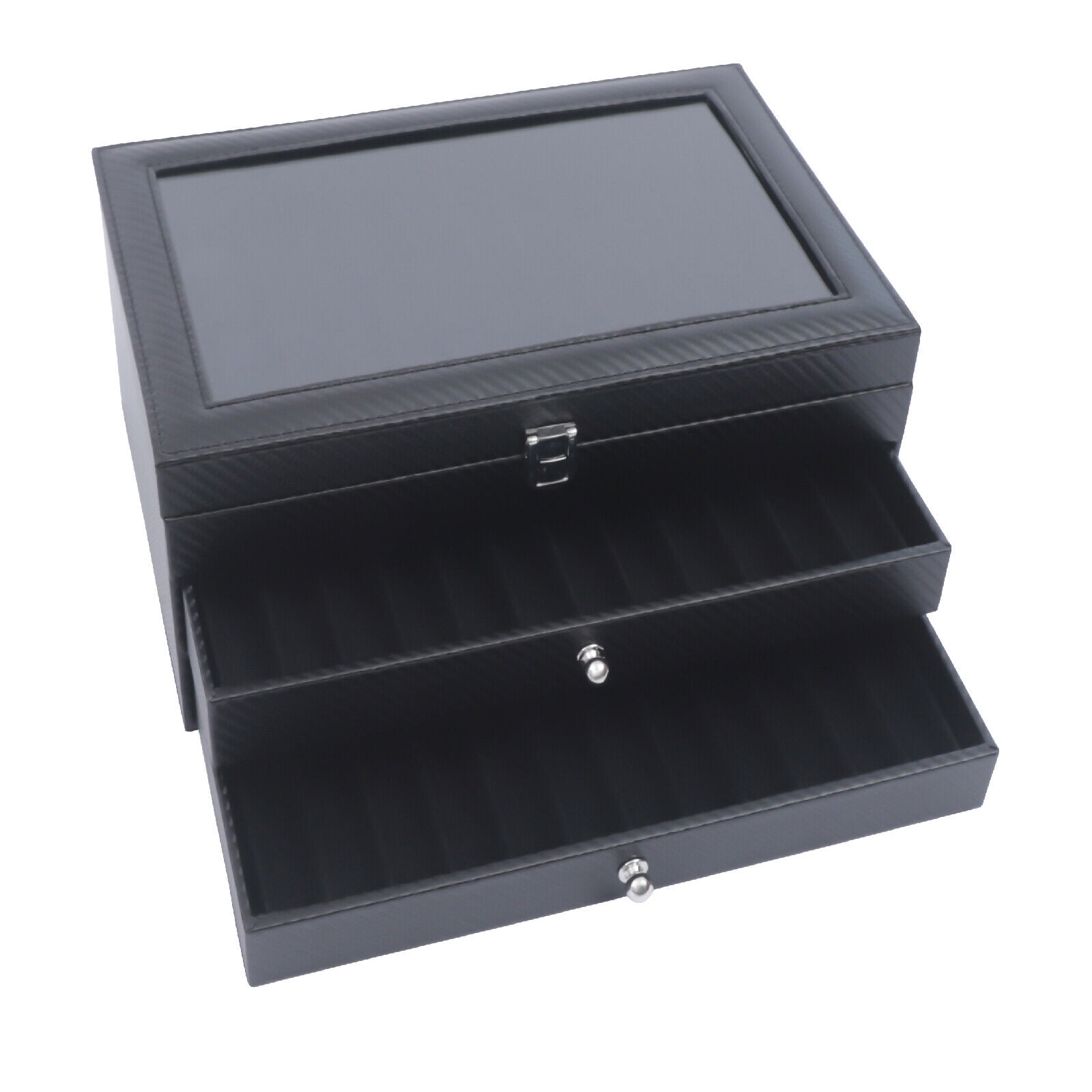 Miumaeov 36 Slots Fountain Pen Display Case Black Flannel Pen Organizer Box with Glass Lid 3 Layer Pen Collection Display Case with Drawer for Gift