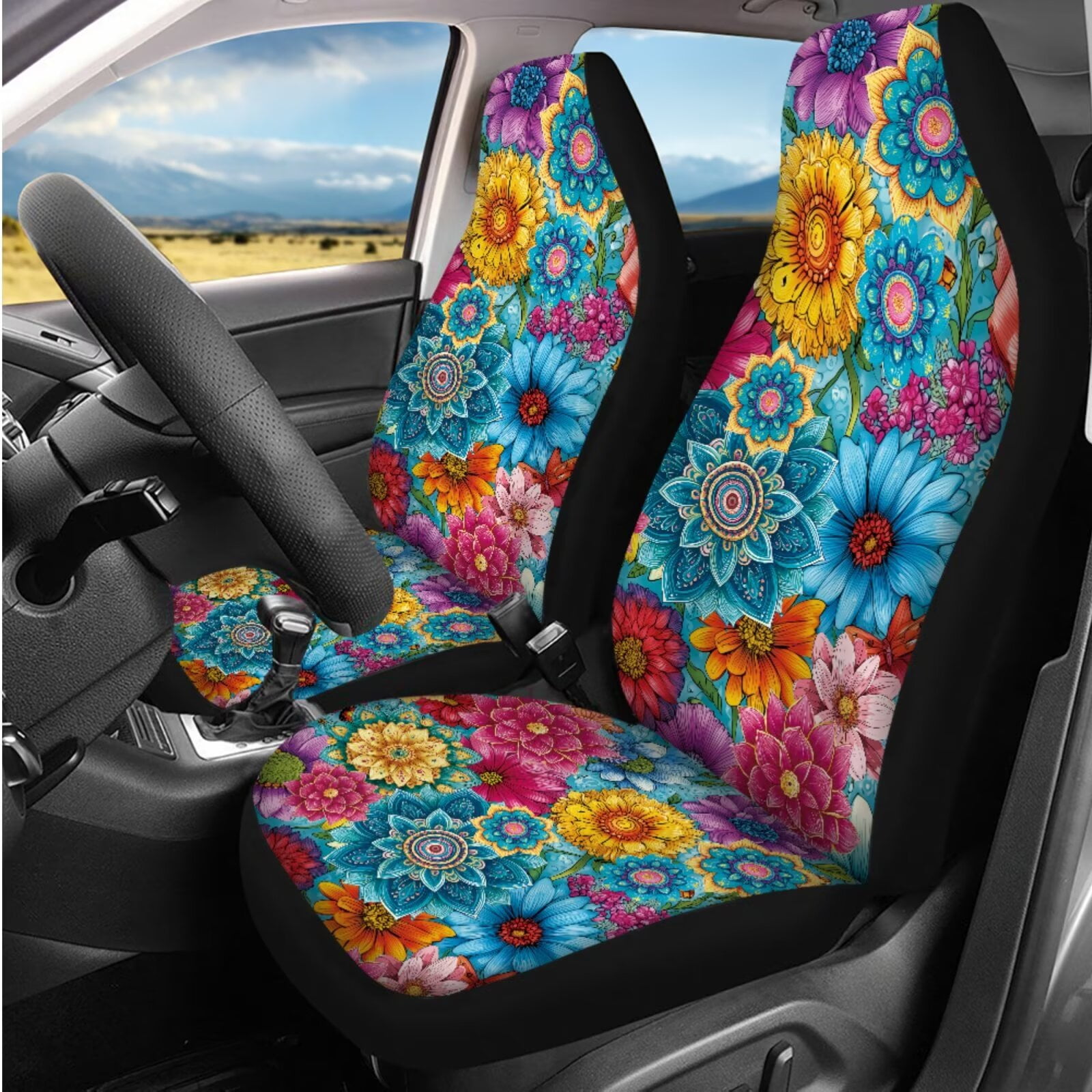 Binienty Boho Dahlia Auto Seat Covers Full Set Front Rear Car Seat Protective Cover With Steering Wheel Cover Arm Rest Cushion Covers Universal Car Interior Accessories for Women Girly