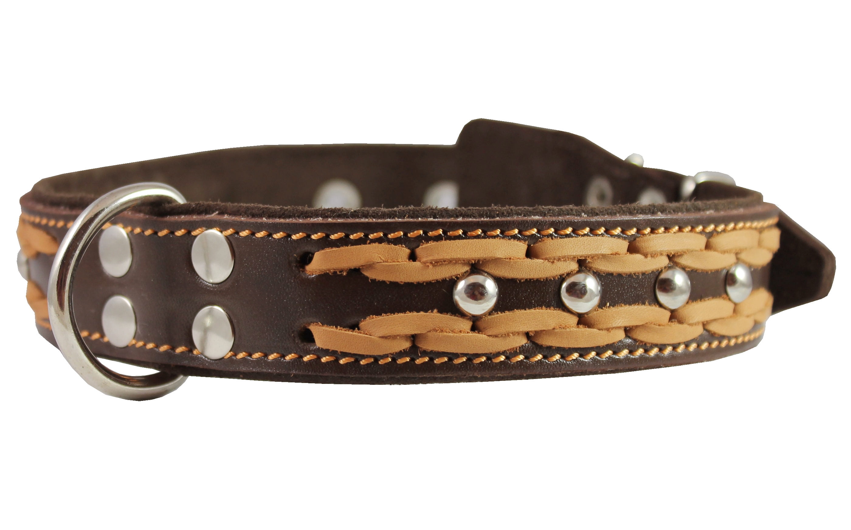 High Quality Genuine Leather Braided Studded Dog Collar, Brown 1.5